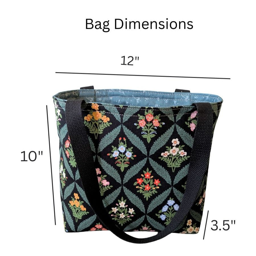 Small Black Floral Canvas Tote Bag
