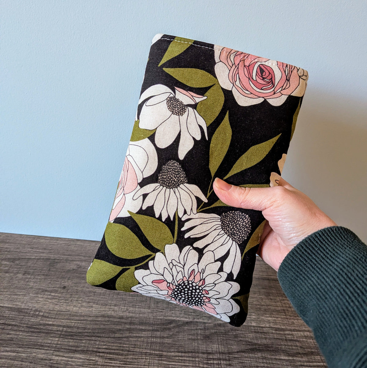 Black Floral Linen Canvas Book Sleeve