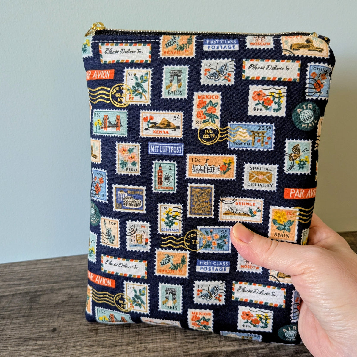 Navy Stamp Cotton Book Sleeve