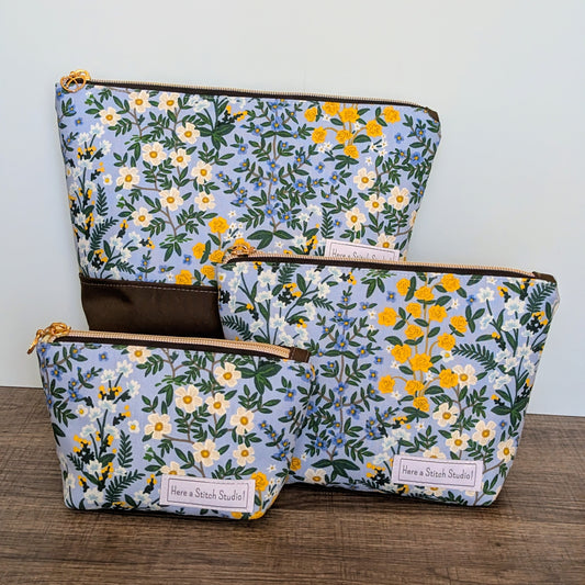 Light Blue Floral Canvas Zipper Pouch