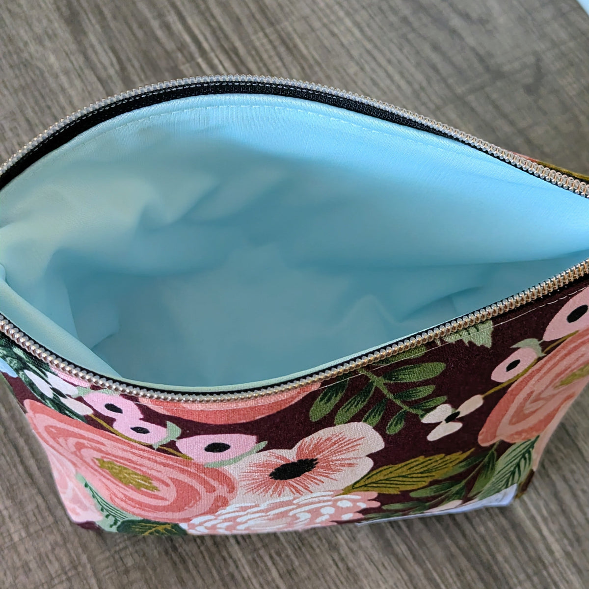 Burgundy Floral Canvas Zipper Pouch
