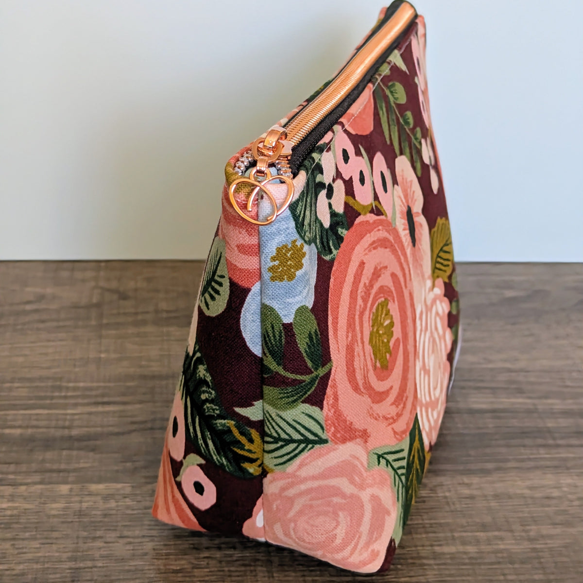 Burgundy Floral Canvas Zipper Pouch