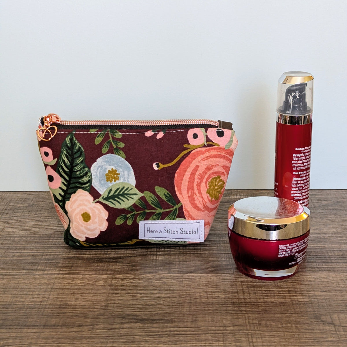 Burgundy Floral Canvas Zipper Pouch