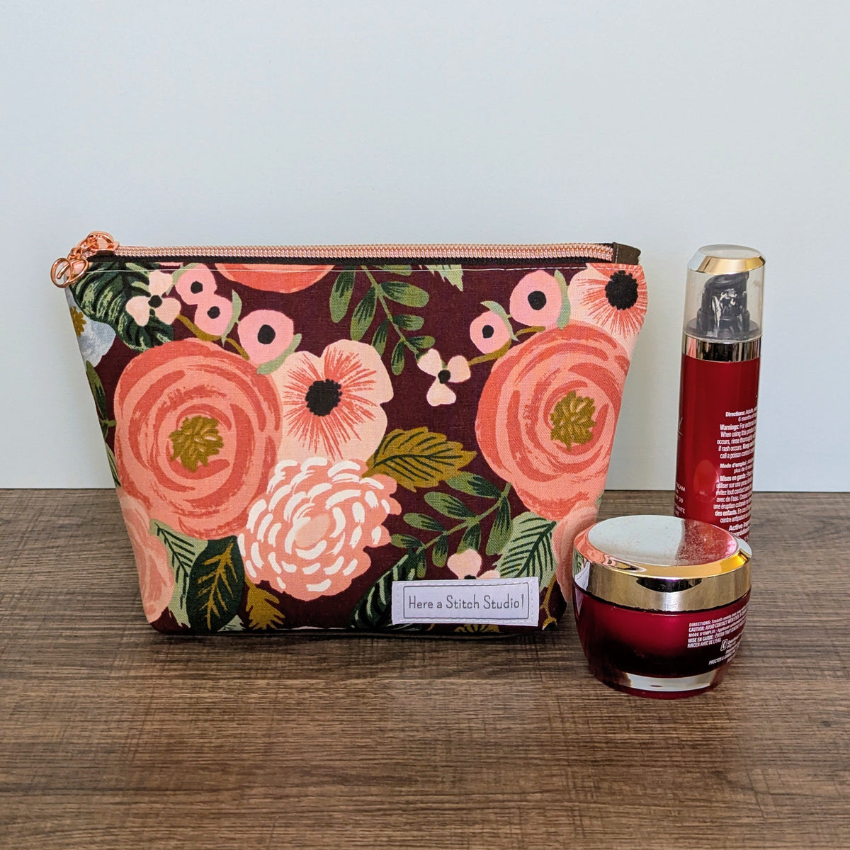 Burgundy Floral Canvas Zipper Pouch