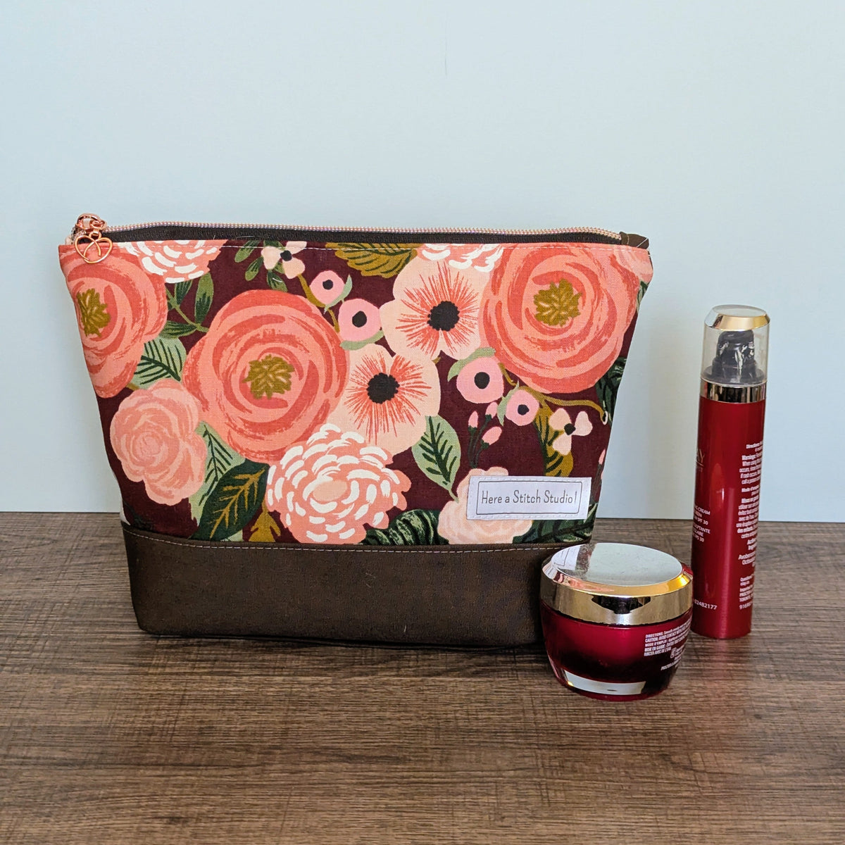 Burgundy Floral Canvas Zipper Pouch