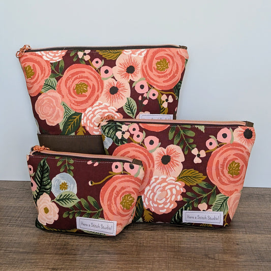 Burgundy Floral Canvas Zipper Pouch