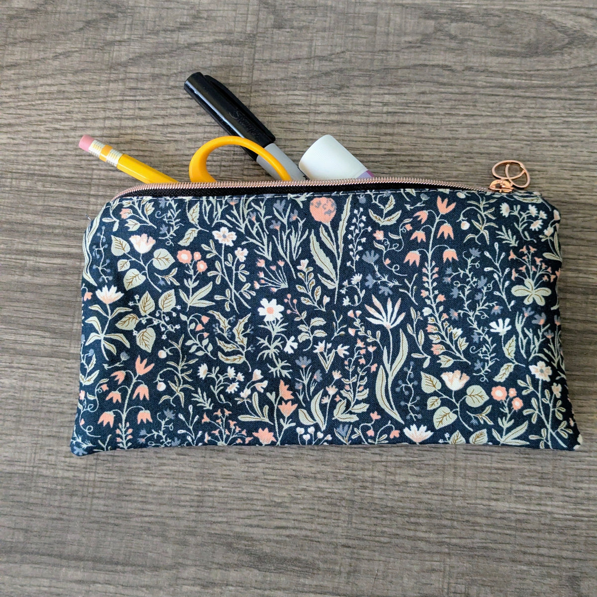 Navy Meadow Floral Cotton Zipper Pouch