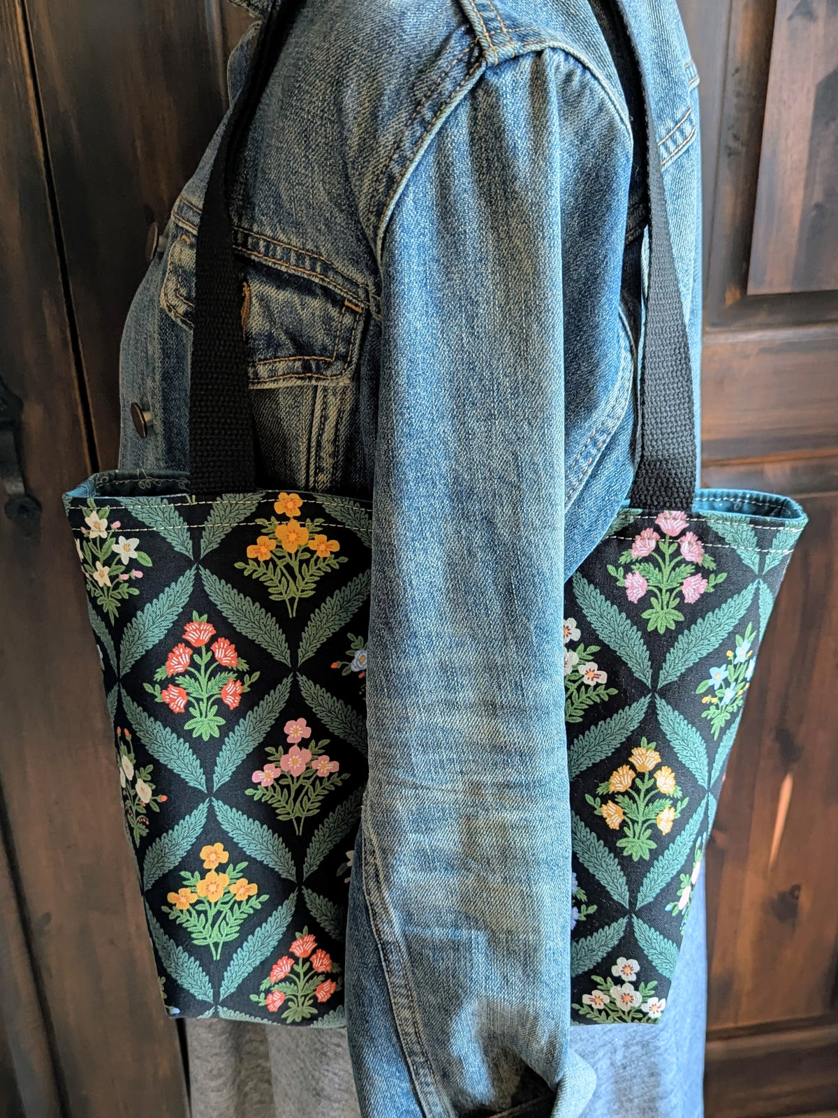 Small Black Floral Canvas Tote Bag