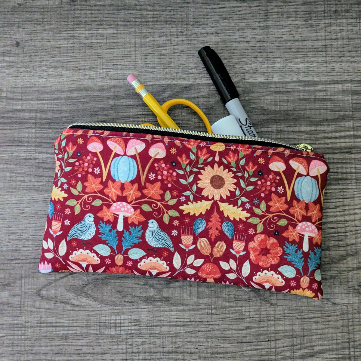 Red Mushroom & Sunflower Cotton Zipper Pouch