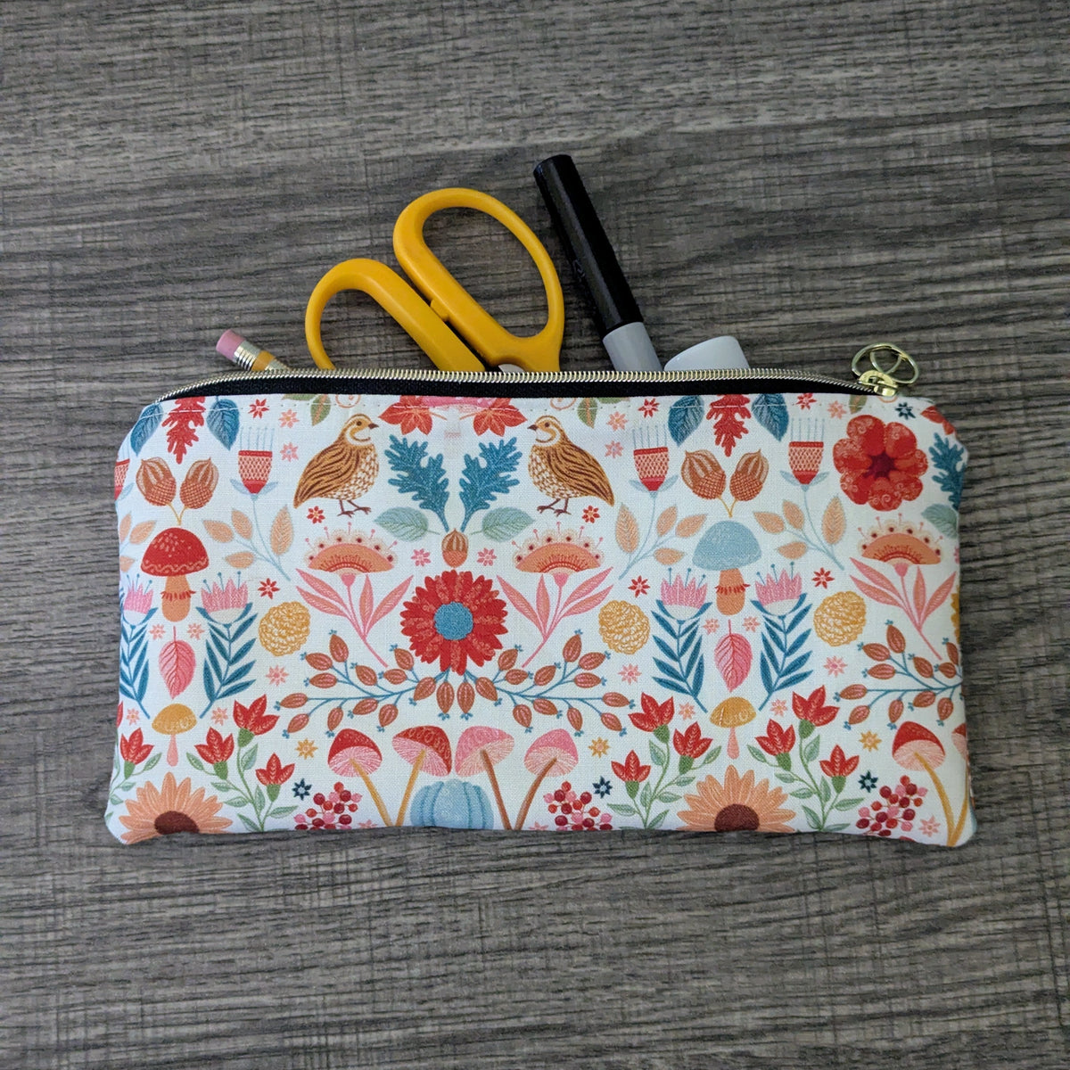 White Mushroom & Sunflower Cotton Zipper Pouch