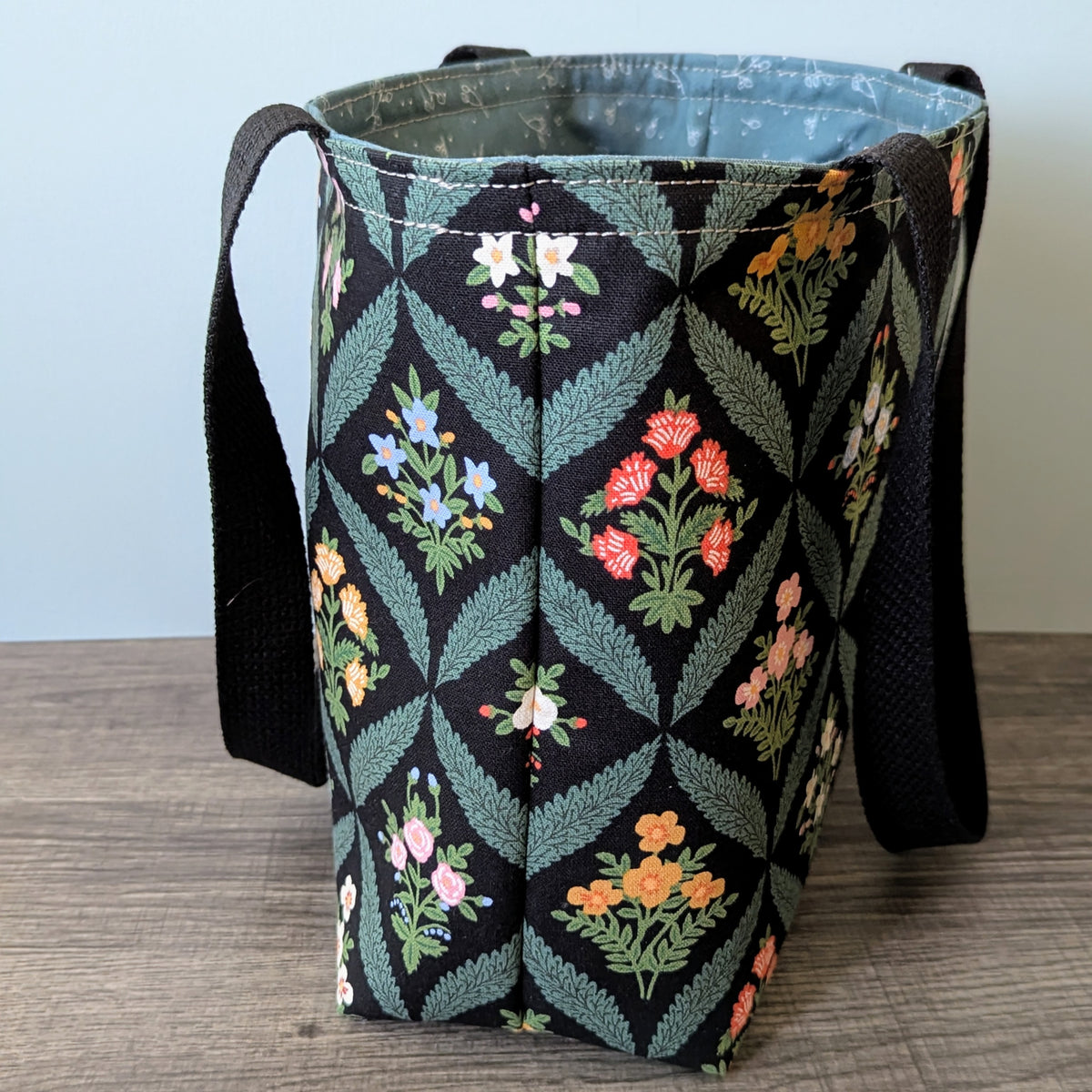 Small Black Floral Canvas Tote Bag