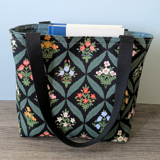 Small Black Floral Canvas Tote Bag