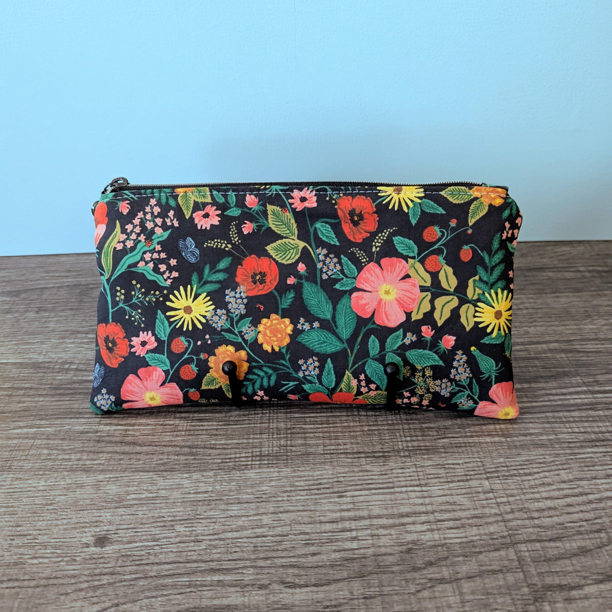Black Poppy Floral Cotton Zipper Pouch