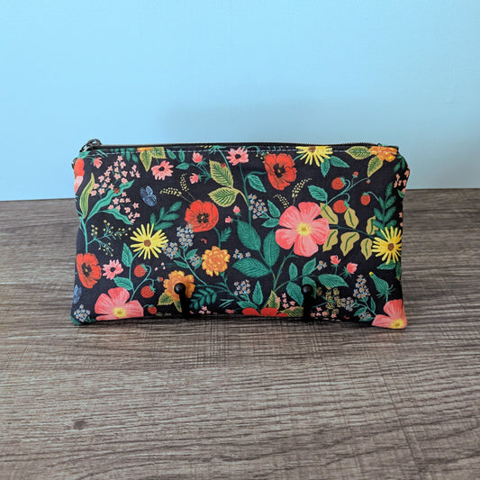 Black Poppy Floral Cotton Zipper Pouch