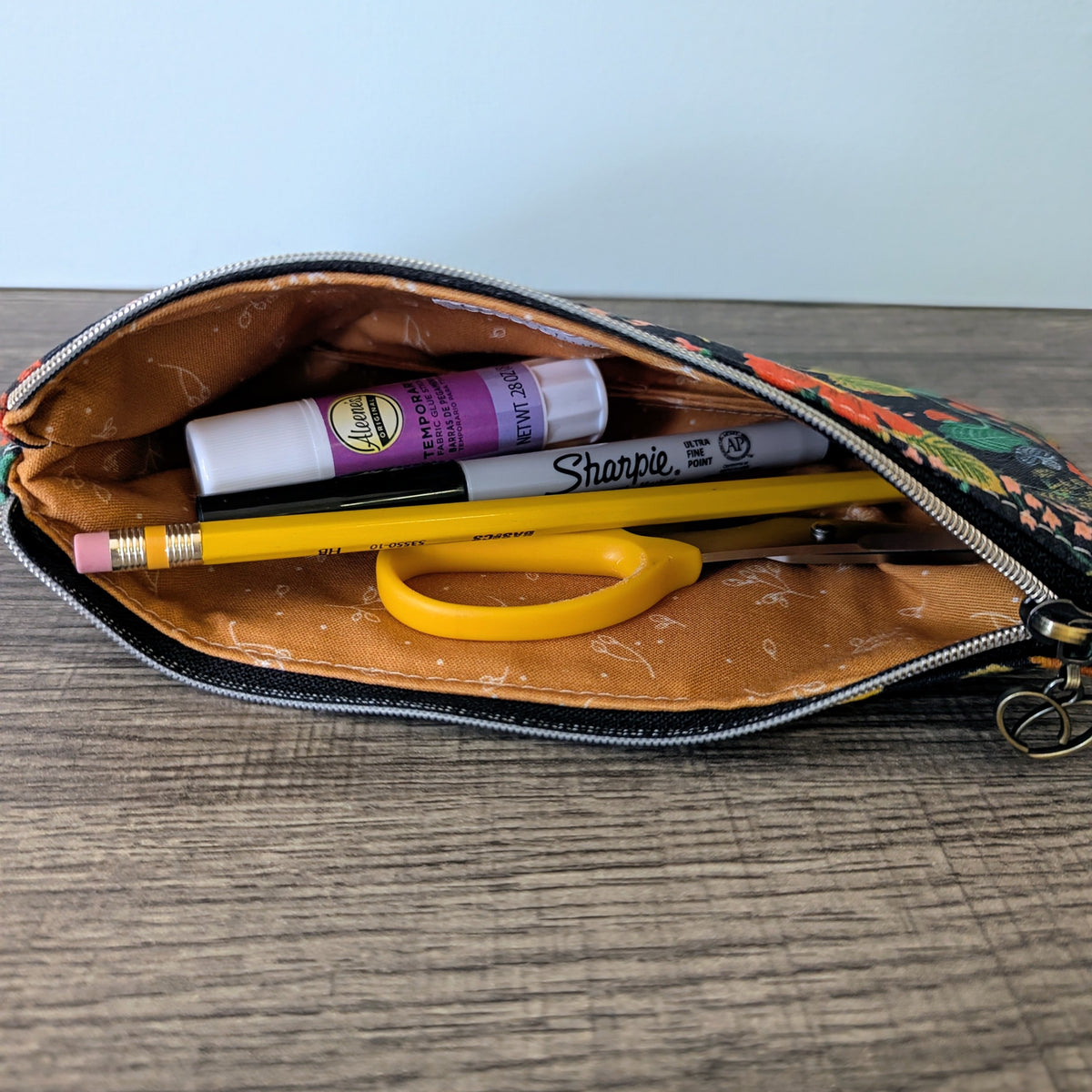 Black Poppy Floral Cotton Zipper Pouch
