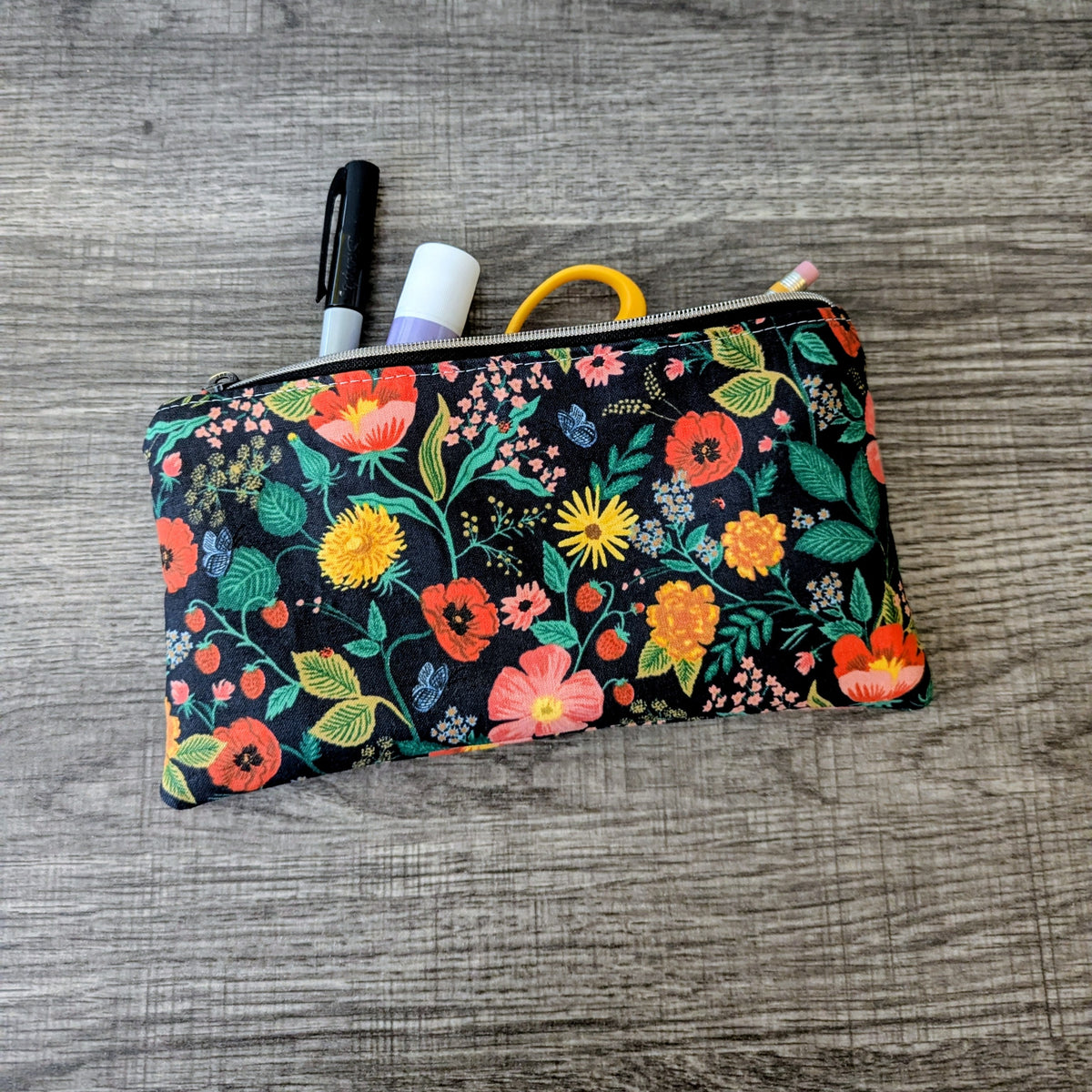 Black Poppy Floral Cotton Zipper Pouch