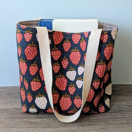 Small Navy Strawberry Canvas Tote Bag