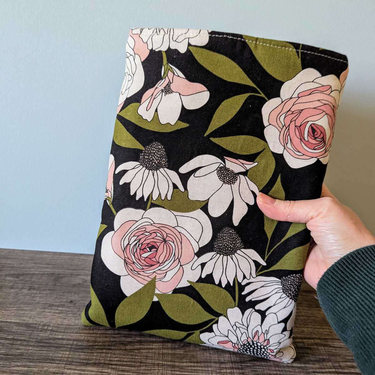 Black Floral Linen Canvas Book Sleeve