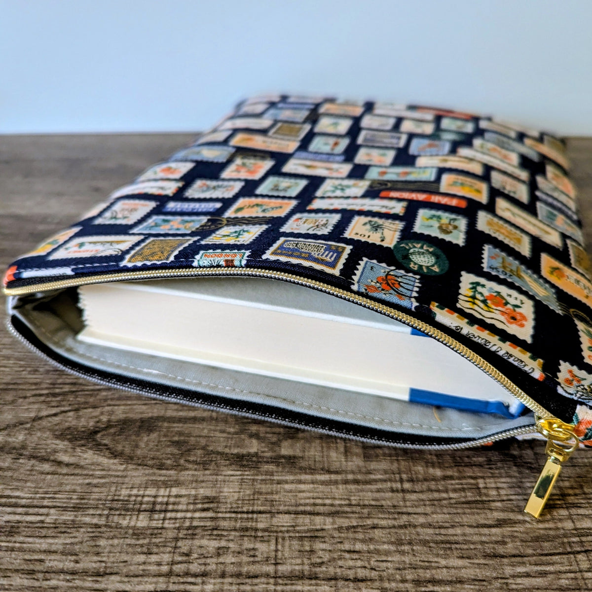 Navy Stamp Cotton Book Sleeve