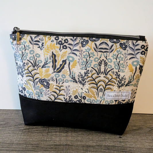 XL Floral Menagerie Natural Canvas Makeup Bag