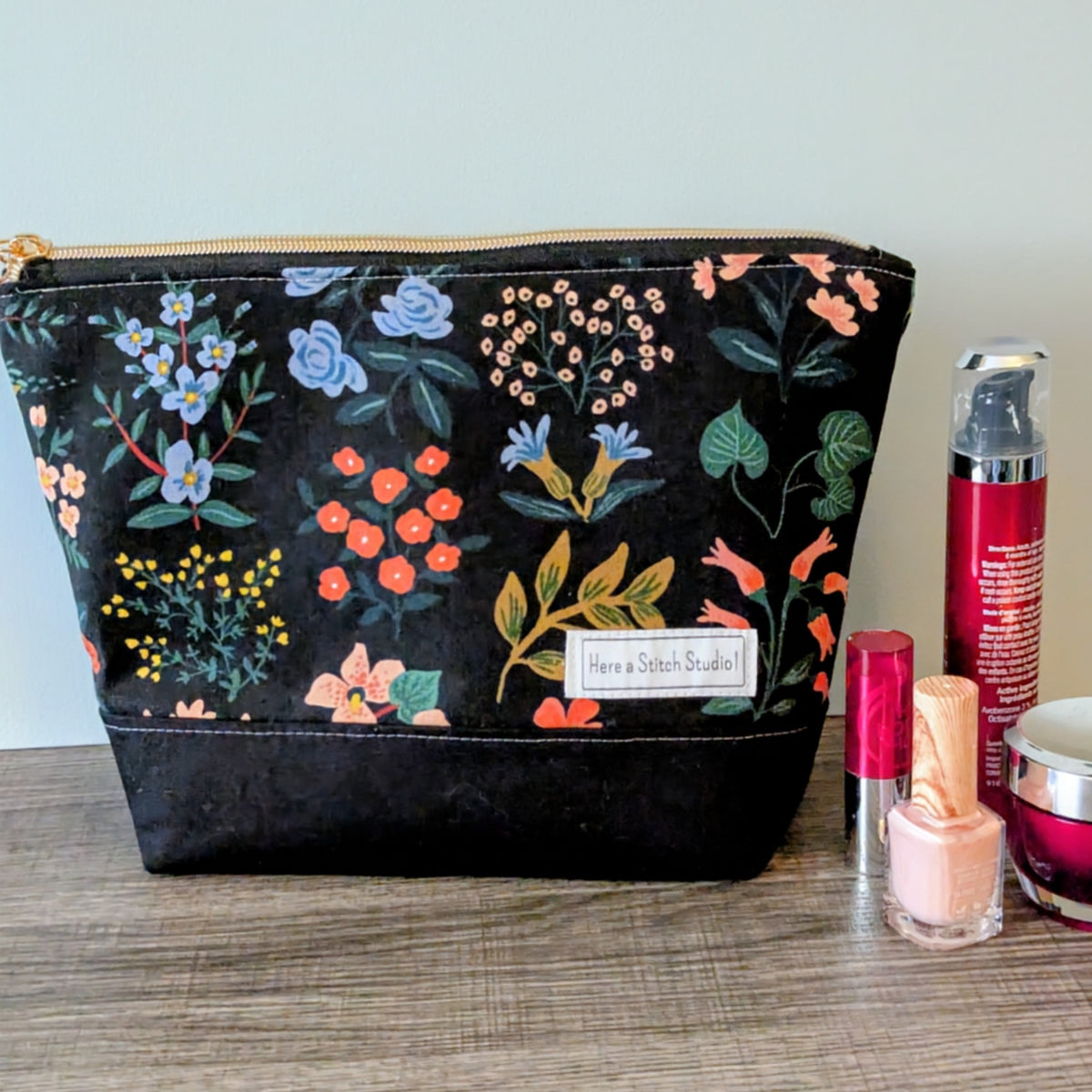 Black Meadow Floral Canvas Zipper Pouch