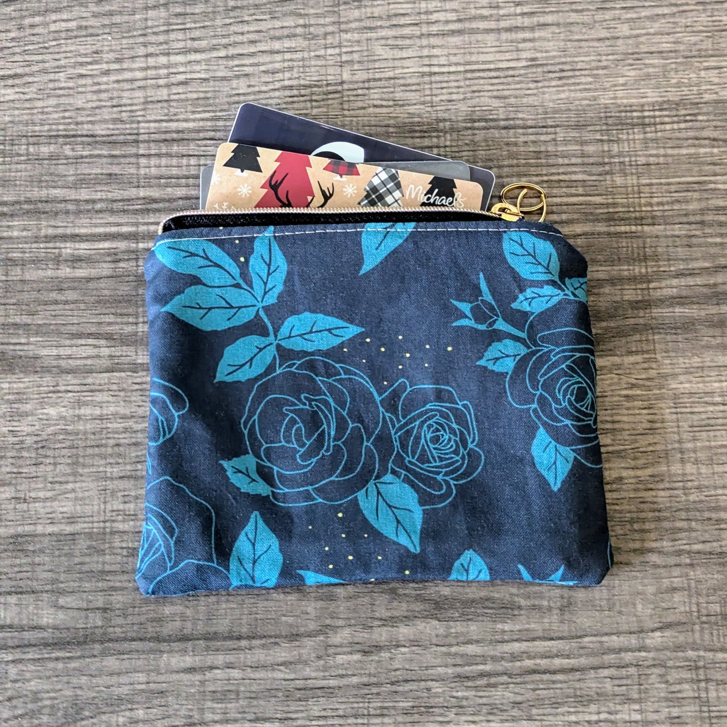 Blue Rose Floral Cotton Zipper Pouch