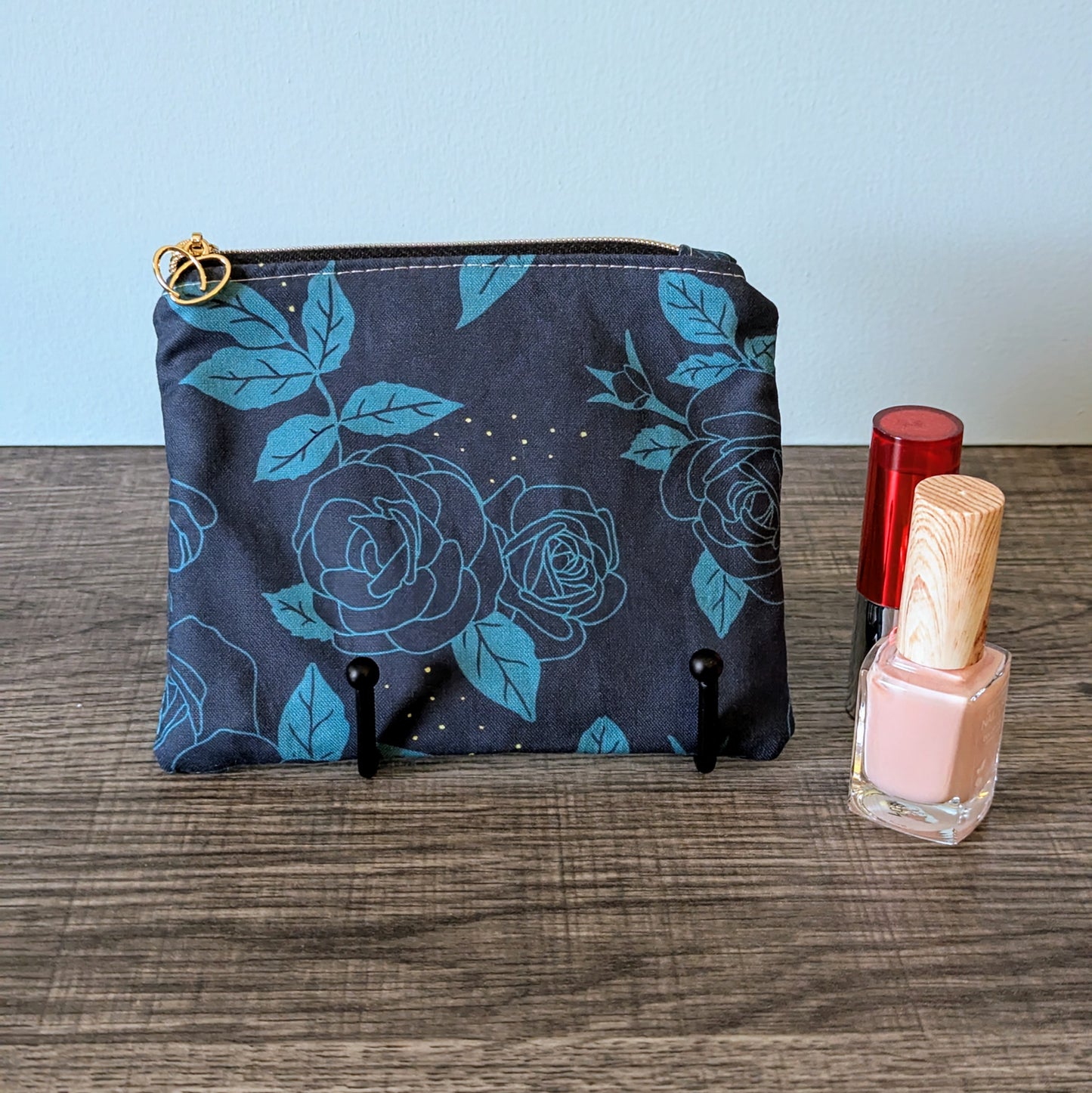 Blue Rose Floral Cotton Zipper Pouch