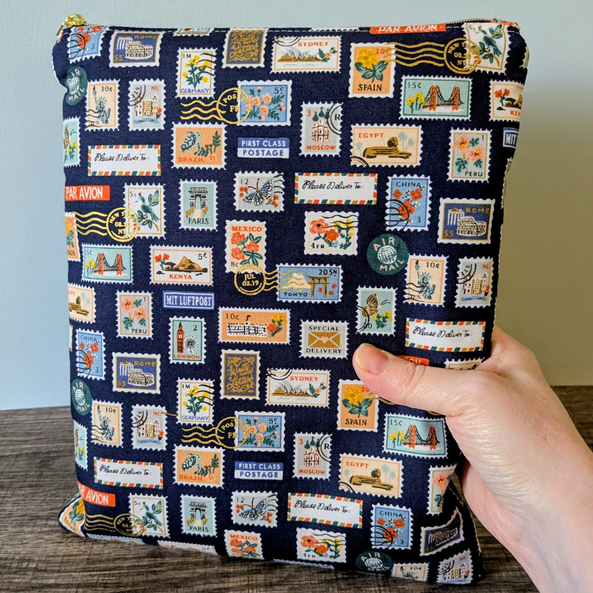 Navy Stamp Cotton Book Sleeve