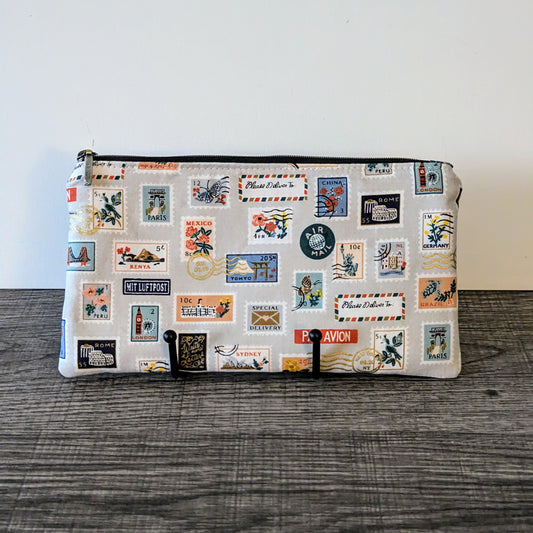 Beige Stamp Cotton Zipper Pouch