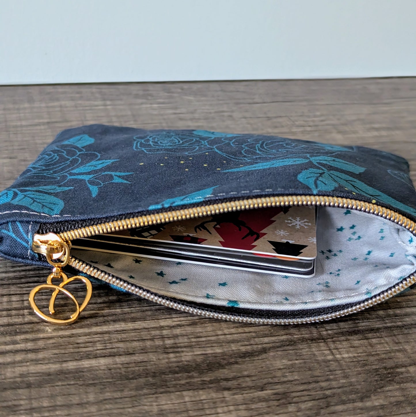 Blue Rose Floral Cotton Zipper Pouch