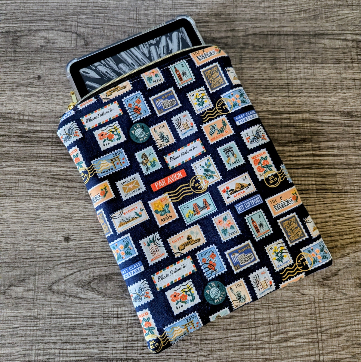 Navy Stamp Cotton Book Sleeve