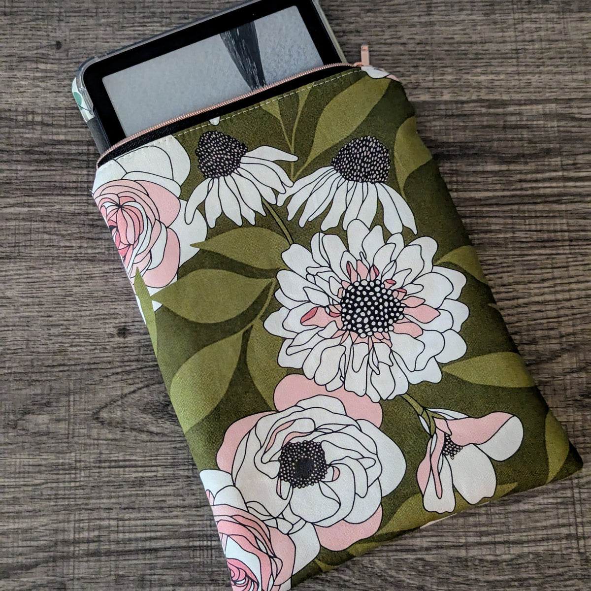Floral-patterned case on a wooden surface